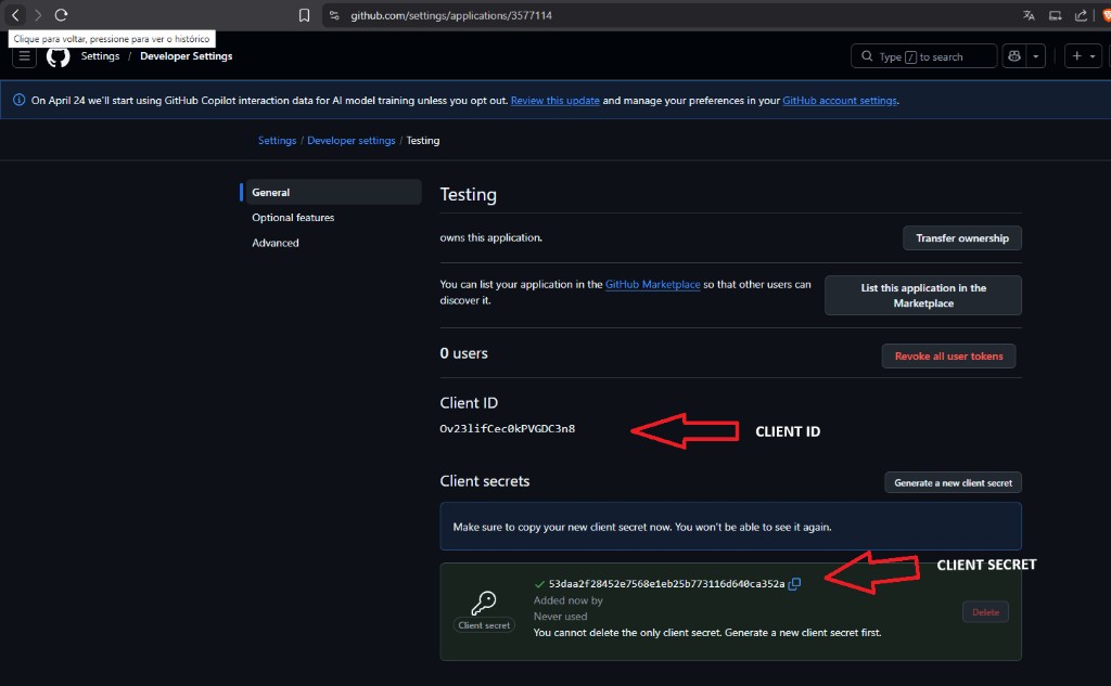GitHub — Client ID e Client Secret