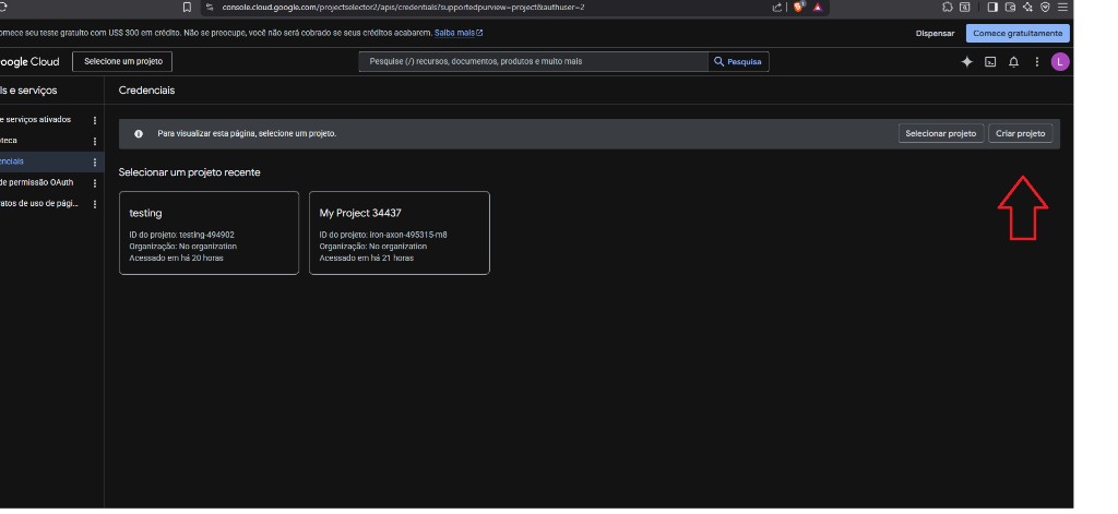 Google Cloud Console — selecionar projeto