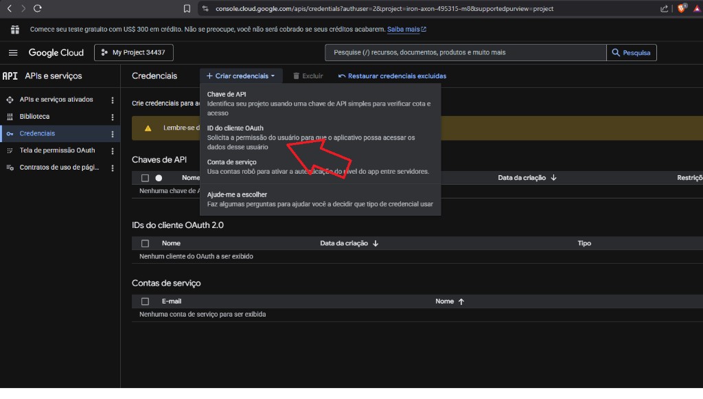 Google Cloud Console — Criar credenciais