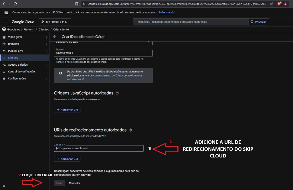 Google Cloud Console — adicionar URI de redirecionamento