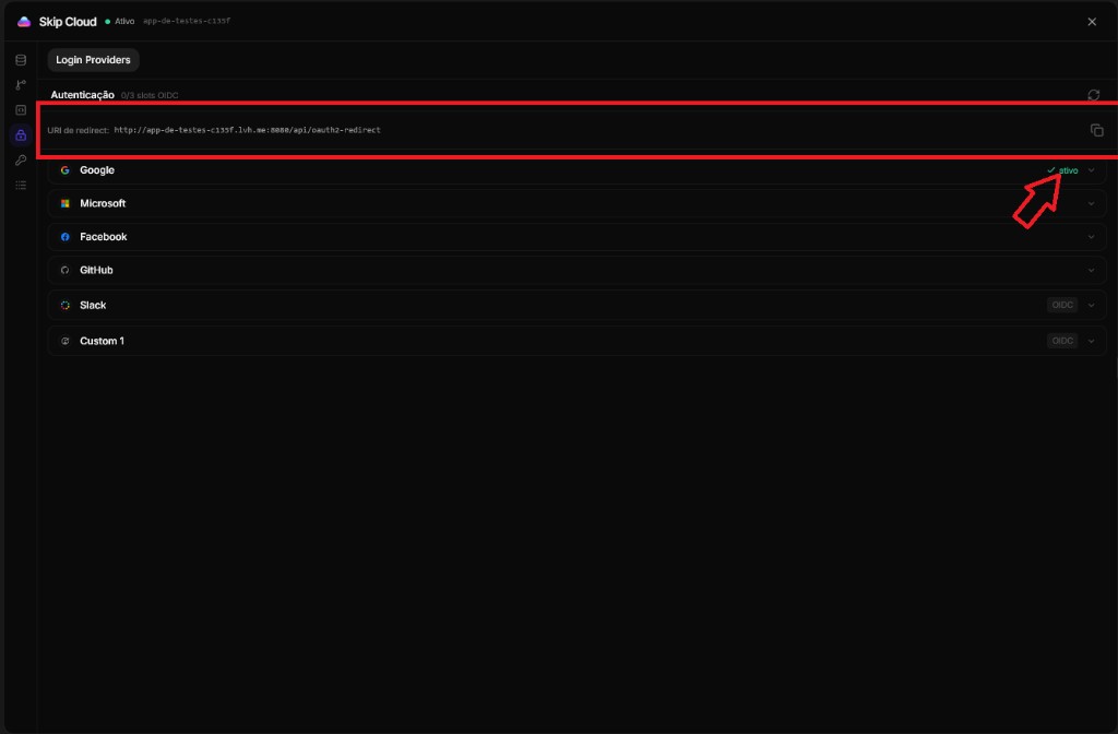 Painel Skip Cloud — URI de redirect e provedores (aba Autenticação)