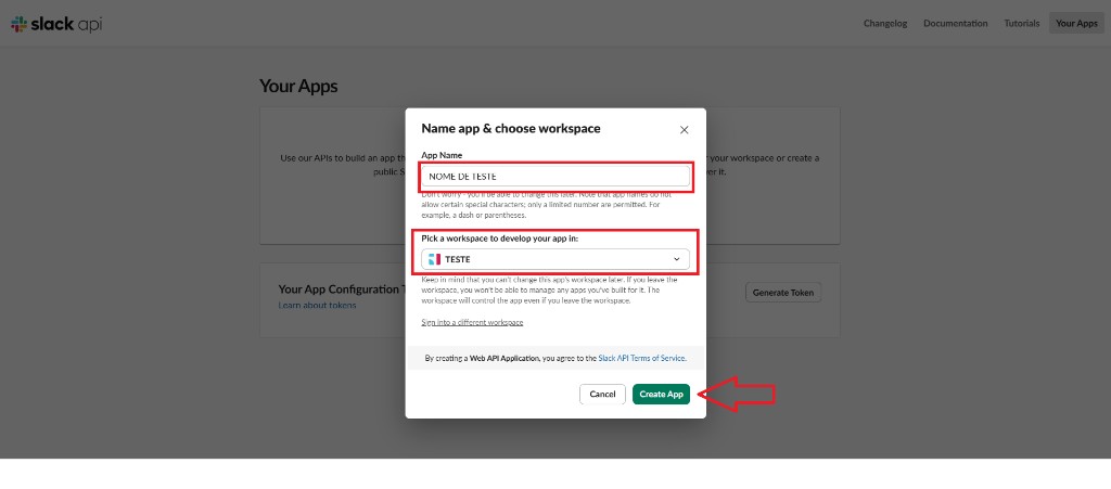 Slack — nome do app e workspace