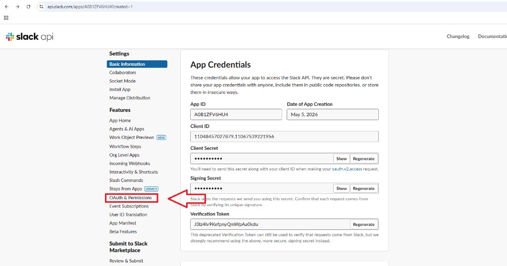 Slack — menu OAuth &amp; Permissions