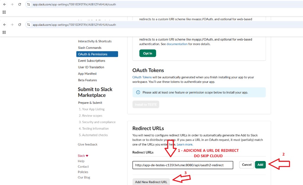 Slack — Redirect URL do Skip Cloud