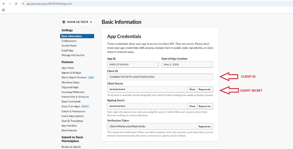 Slack — Client ID e Client Secret